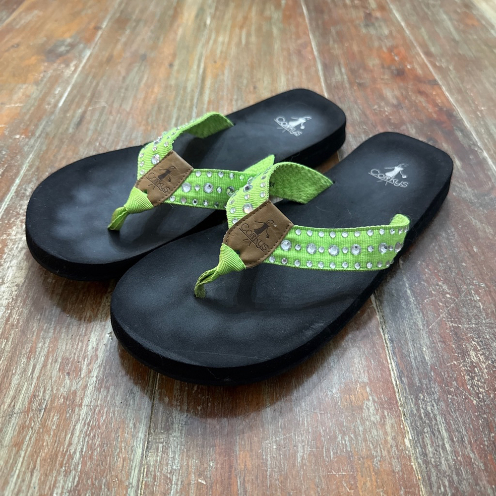 Corkys Black Green Rhinestone Flip Flop Sandals Size 9